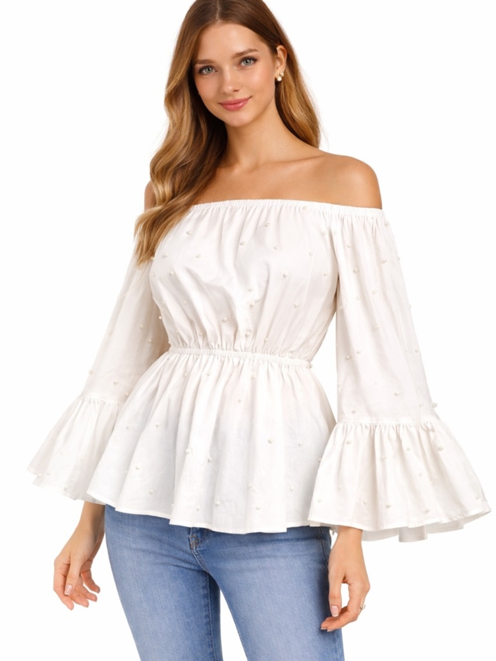 White Pearl Accent Off The Shoulder Top